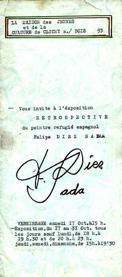 Felipe Diez Sada  -  Exposition Maison des jeunes  Clichy s/.Bois  -  invitation 3 volets 11 x 25 cm  - collection Michel Nau